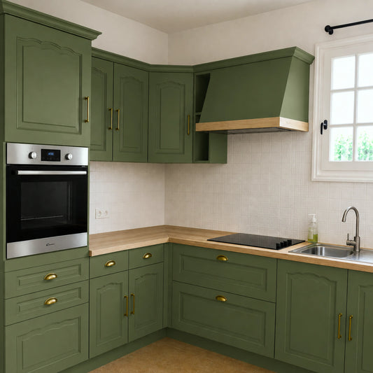 Cuisine campagne chic relookée couleur Mélèze avec la peinture pour cuisine Éléonore Déco.