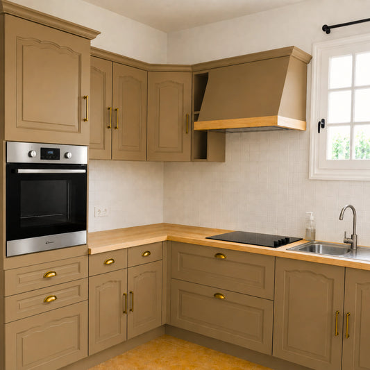 Cuisine campagne chic relookée couleur Moka avec la peinture pour cuisine Éléonore Déco.