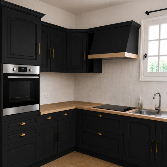 Cuisine campagne chic relookée couleur Noir avec la peinture pour cuisine Éléonore Déco.