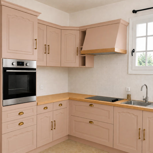 Cuisine campagne chic relookée couleur Nude avec la peinture pour cuisine Éléonore Déco.