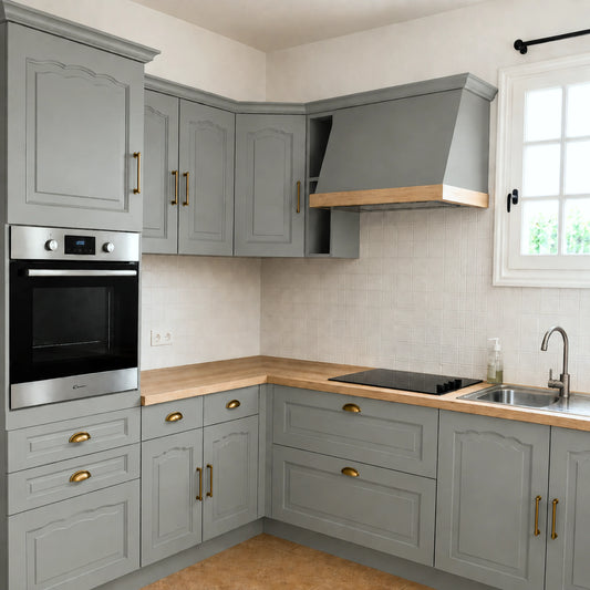 Cuisine campagne chic relookée couleur Orage avec la peinture pour cuisine Éléonore Déco.