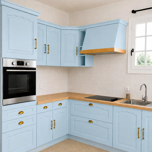 Cuisine campagne chic relookée couleur Ostende avec la peinture pour cuisine Éléonore Déco.