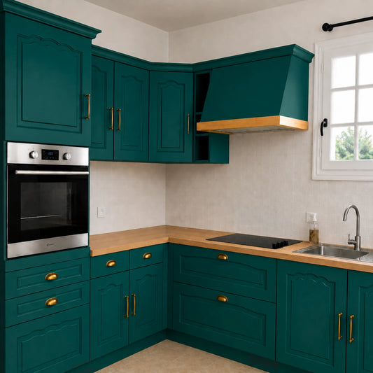 Cuisine campagne chic relookée couleur Pétroléum avec la peinture pour cuisine Éléonore Déco.
