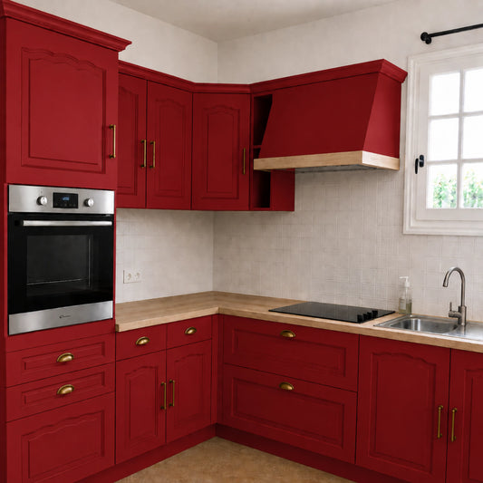 Cuisine campagne chic relookée couleur Rouge passion avec la peinture pour cuisine Éléonore Déco.