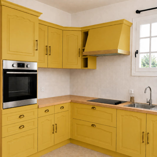 Cuisine campagne chic relookée couleur Safran avec la peinture pour cuisine Éléonore Déco.
