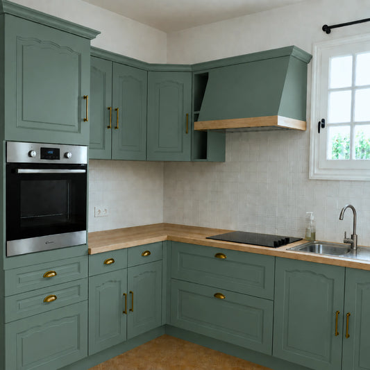 Cuisine campagne chic relookée couleur Sauge avec la peinture pour cuisine Éléonore Déco.
