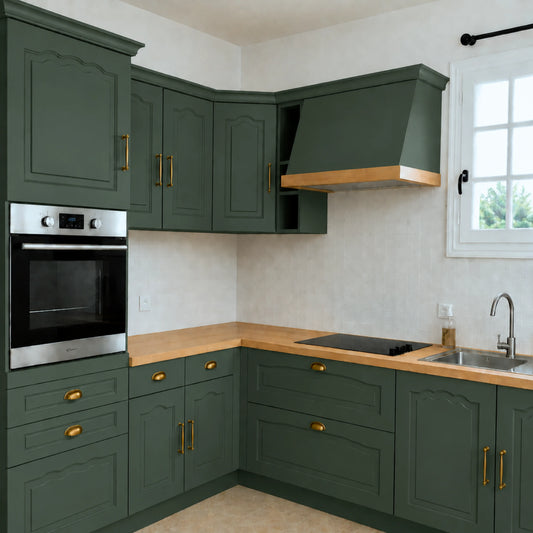 Cuisine campagne chic relookée couleur Séquoia avec la peinture pour cuisine Éléonore Déco.