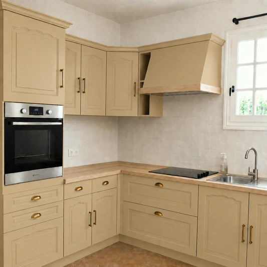 Cuisine campagne chic relookée couleur Toile de jute avec la peinture pour cuisine Éléonore Déco.