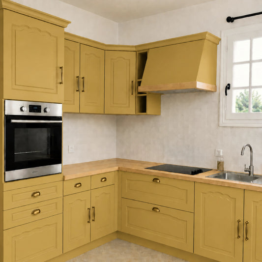 Cuisine campagne chic relookée couleur Toscane avec la peinture pour cuisine Éléonore Déco.