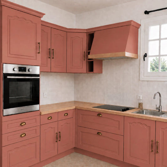 Cuisine campagne chic relookée couleur Tuile croquante avec la peinture pour cuisine Éléonore Déco.