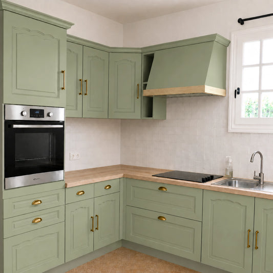Cuisine campagne chic relookée couleur Vert de gris avec la peinture pour cuisine Éléonore Déco.