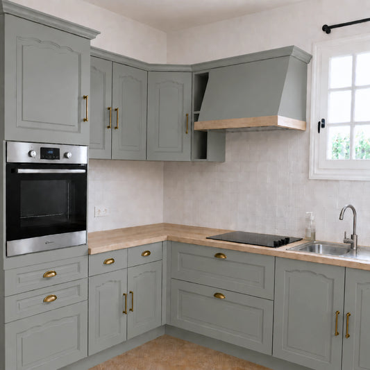 Cuisine campagne chic relookée couleur Vert gommier avec la peinture pour cuisine Éléonore Déco.