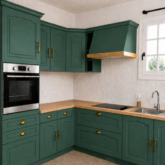 Cuisine campagne chic relookée couleur Vertigo avec la peinture pour cuisine Éléonore Déco.
