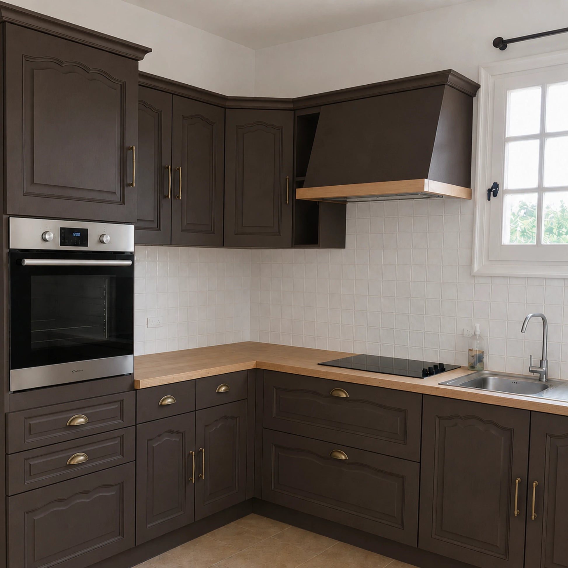 Cuisine campagne chic relookée couleur Wengé avec la peinture pour cuisine Éléonore Déco.
