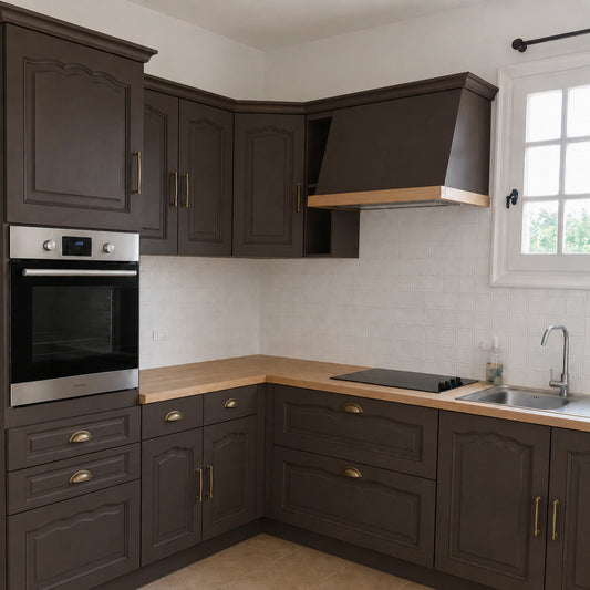 Cuisine campagne chic relookée couleur Wengé avec la peinture pour cuisine Éléonore Déco.