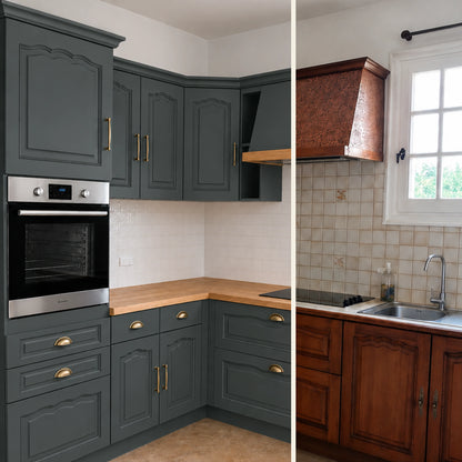 Avant / Après cuisine campagne chic relookée avec la peinture cuisine couleur Anthracite Éléonore Déco.