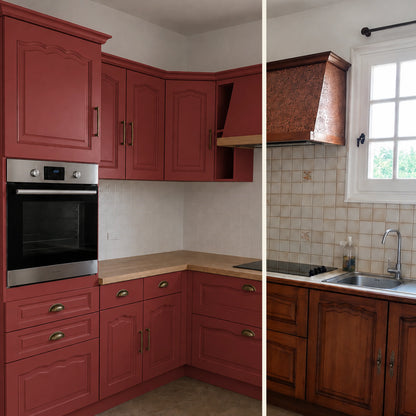 Avant / Après cuisine campagne chic relookée avec la peinture cuisine couleur Antik rouge Éléonore Déco.