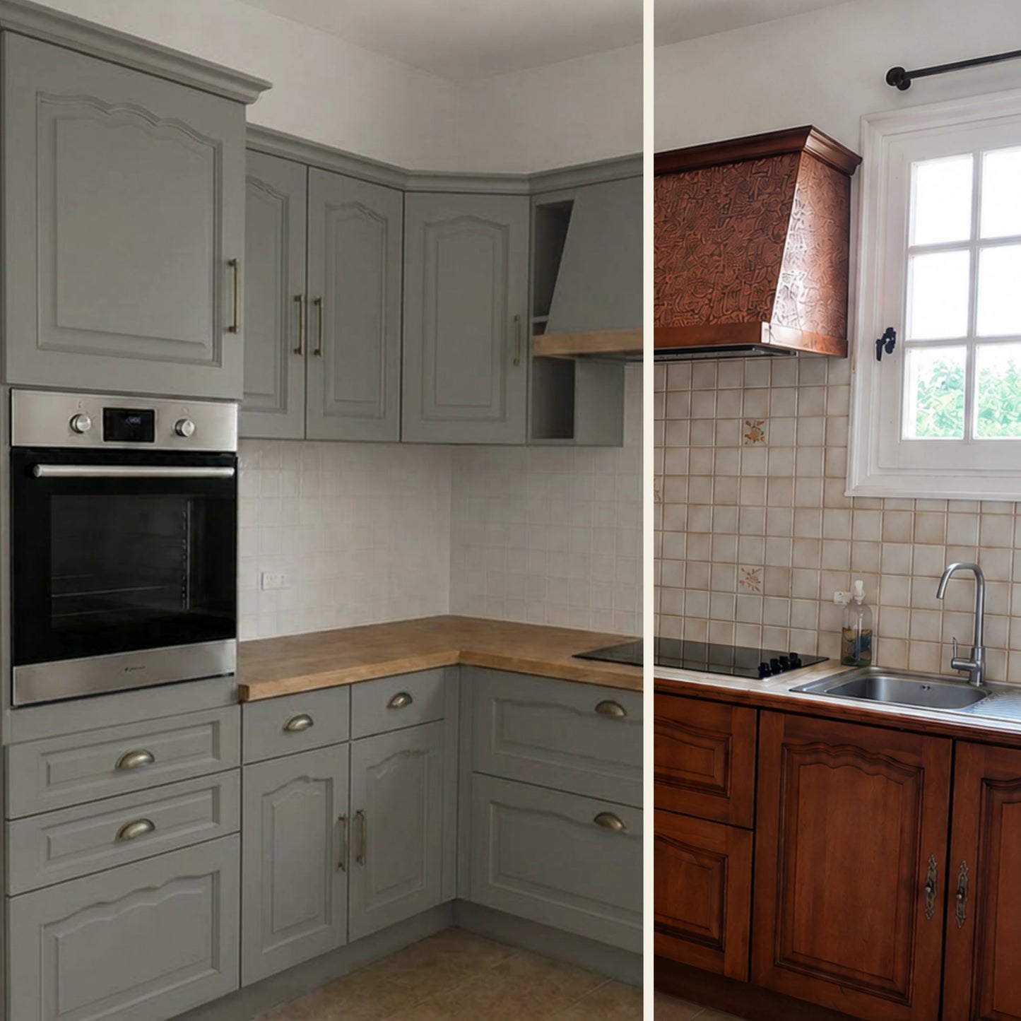 Avant / Après cuisine campagne chic relookée avec la peinture cuisine couleur Basalte Éléonore Déco.