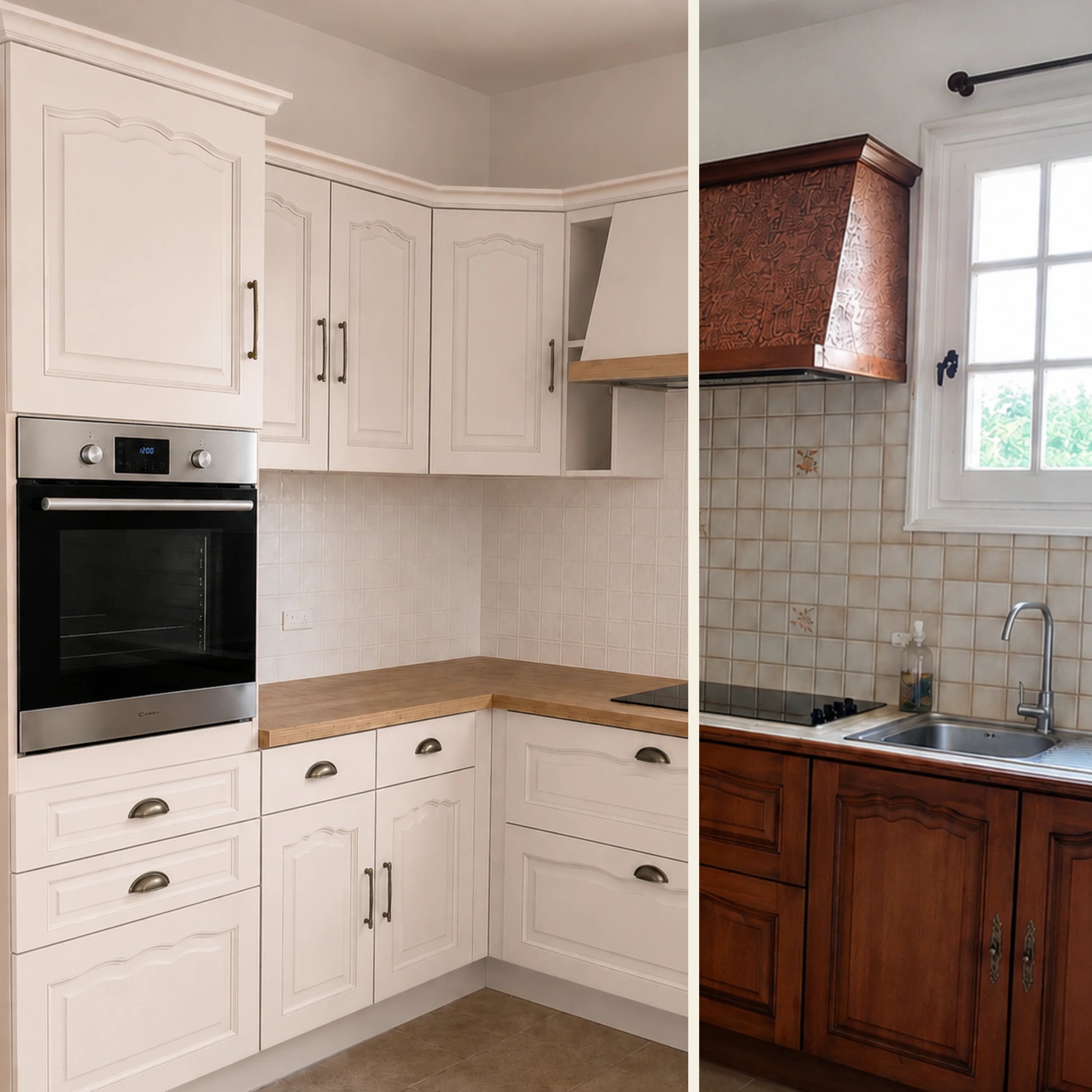 Avant / Après cuisine campagne chic relookée avec la peinture cuisine couleur Beige rosé Éléonore Déco.
