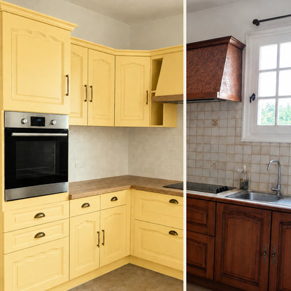 Avant / Après cuisine campagne chic relookée avec la peinture cuisine couleur Beurre demi-sel Éléonore Déco.