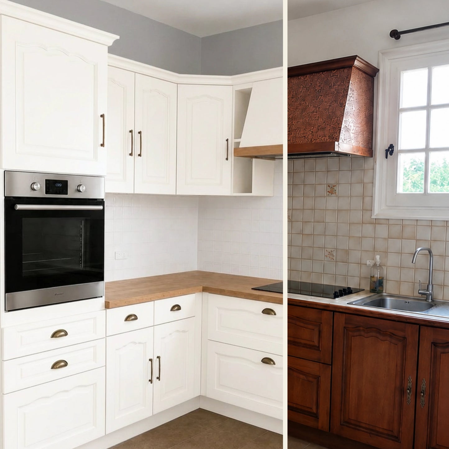 Avant / Après cuisine campagne chic relookée avec la peinture cuisine couleur Blanc Éléonore Déco.