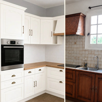 Avant / Après cuisine campagne chic relookée avec la peinture cuisine couleur Blanc Éléonore Déco.