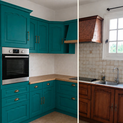 Avant / Après cuisine campagne chic relookée avec la peinture cuisine couleur Bleu canard Éléonore Déco.