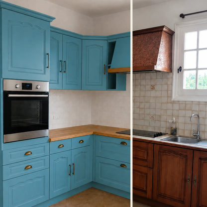 Avant / Après cuisine campagne chic relookée avec la peinture cuisine couleur Bleu gustavien Éléonore Déco.
