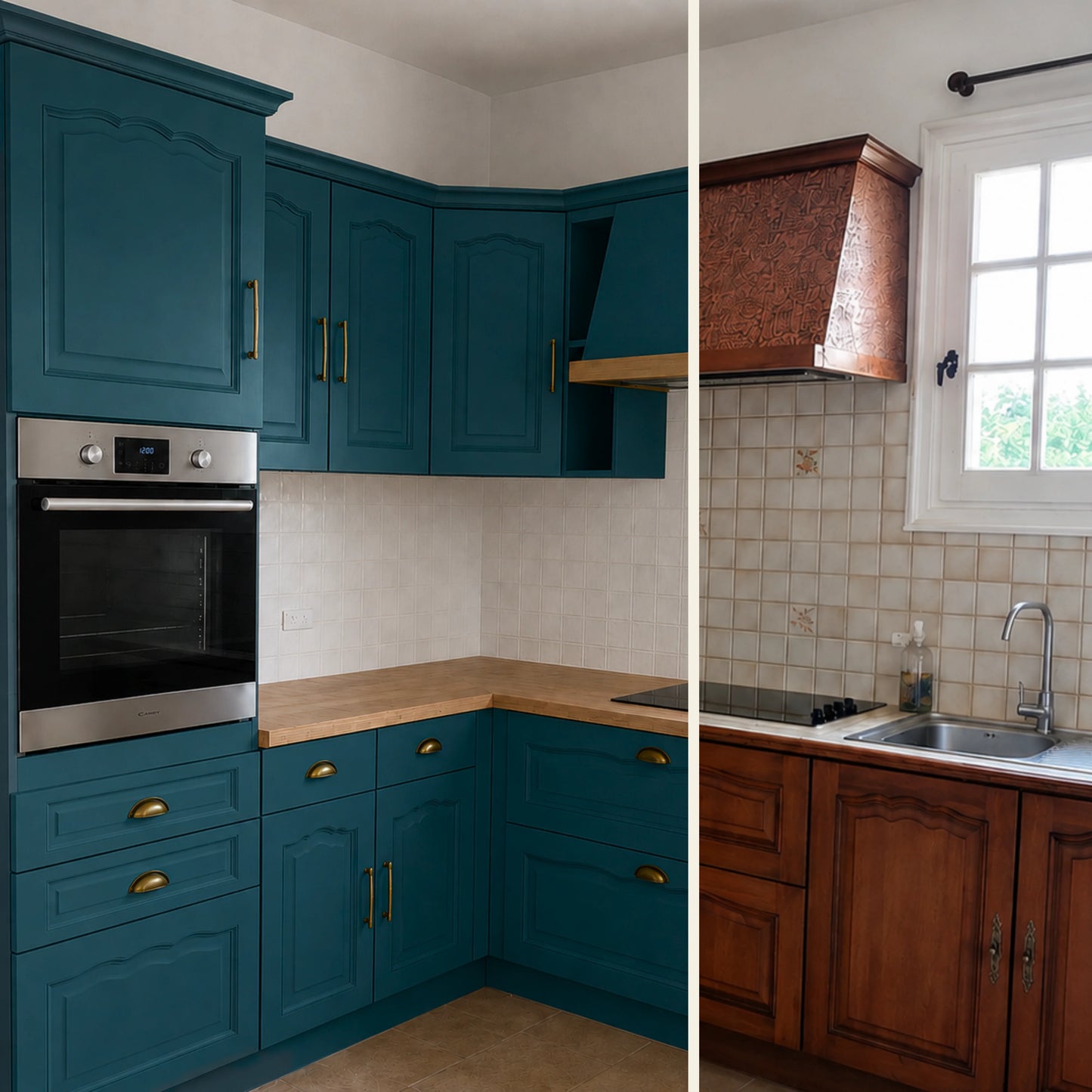 Avant / Après cuisine campagne chic relookée avec la peinture cuisine couleur Bleu nuit Éléonore Déco.