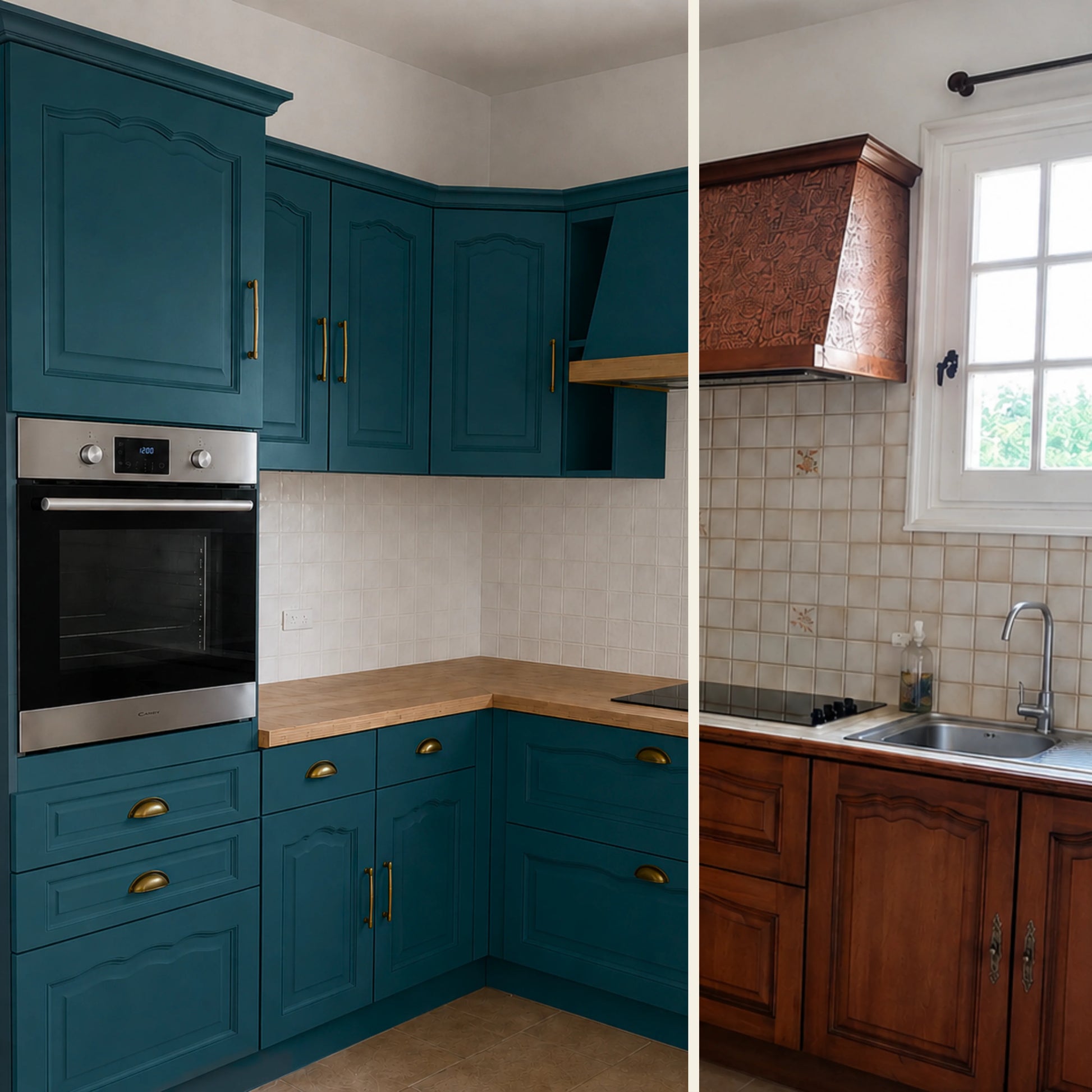 Avant / Après cuisine campagne chic relookée avec la peinture cuisine couleur Bleu nuit Éléonore Déco.