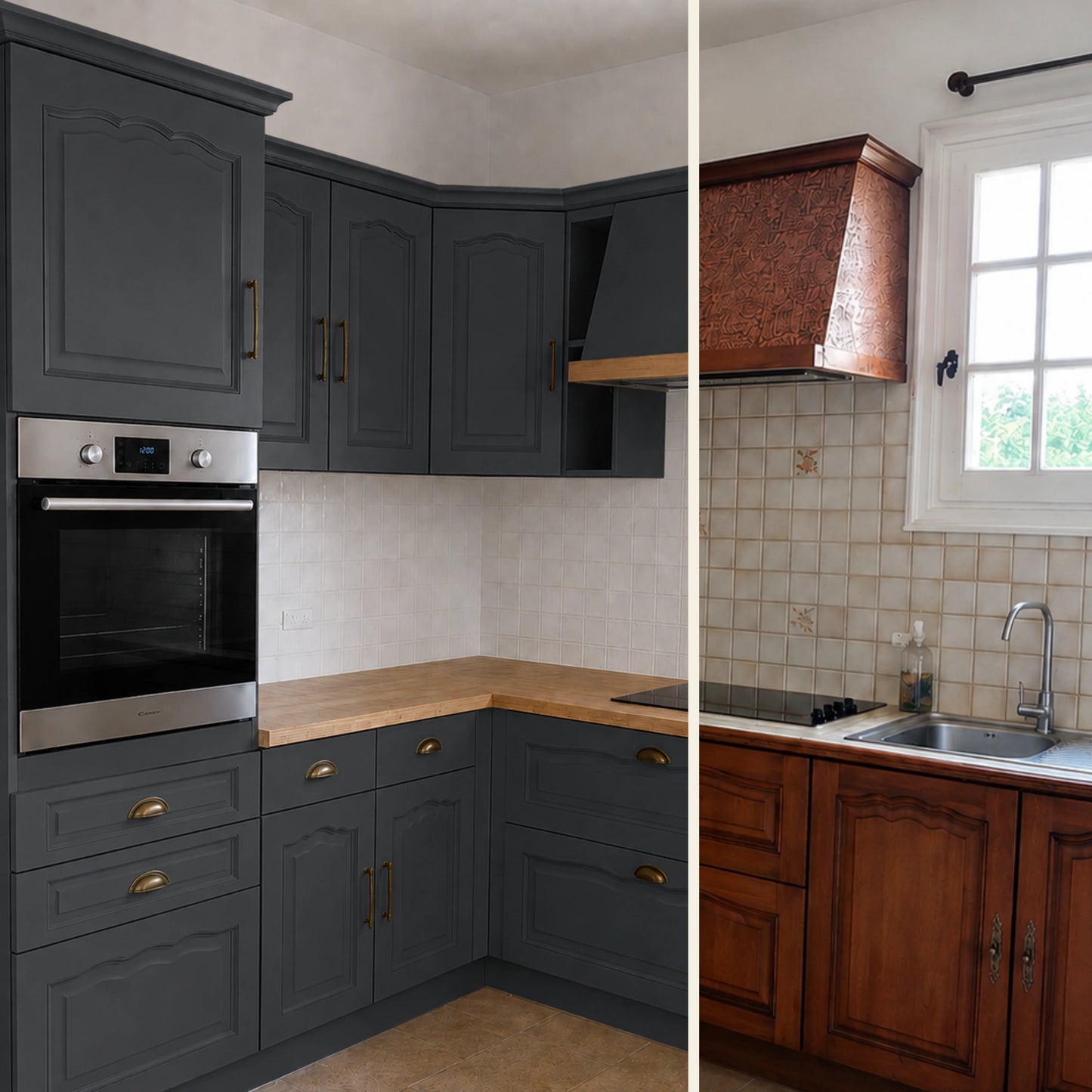 Avant / Après cuisine campagne chic relookée avec la peinture cuisine couleur Carbone Éléonore Déco.