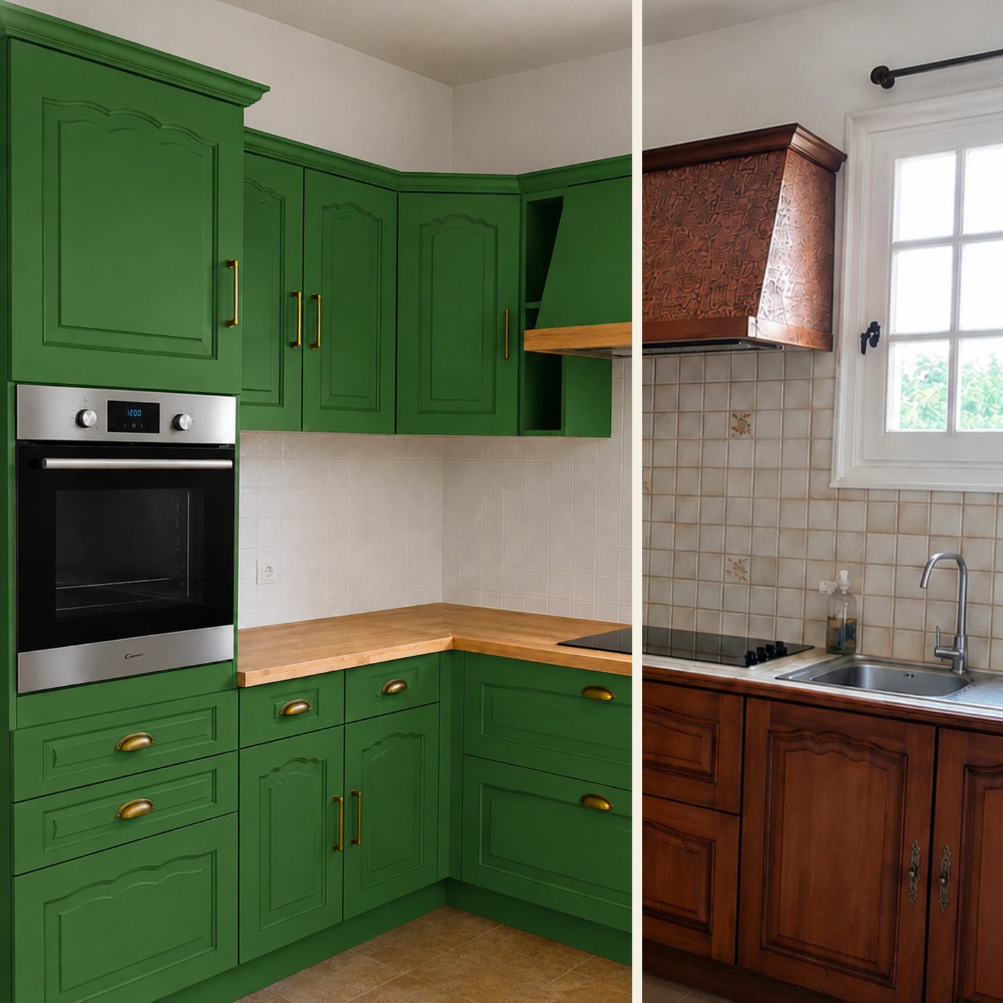 Avant / Après cuisine campagne chic relookée avec la peinture cuisine couleur Choux choux Éléonore Déco.