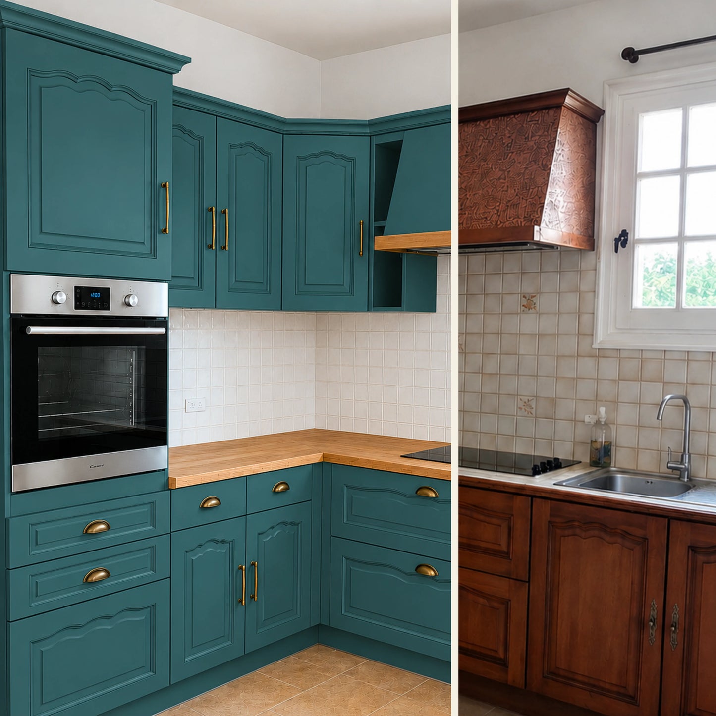 Avant / Après cuisine campagne chic relookée avec la peinture cuisine couleur Cyprès bleu Éléonore Déco.