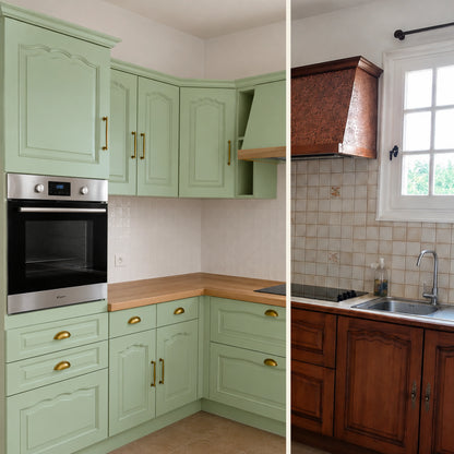 Avant / Après cuisine campagne chic relookée avec la peinture cuisine couleur Fenouil Éléonore Déco.