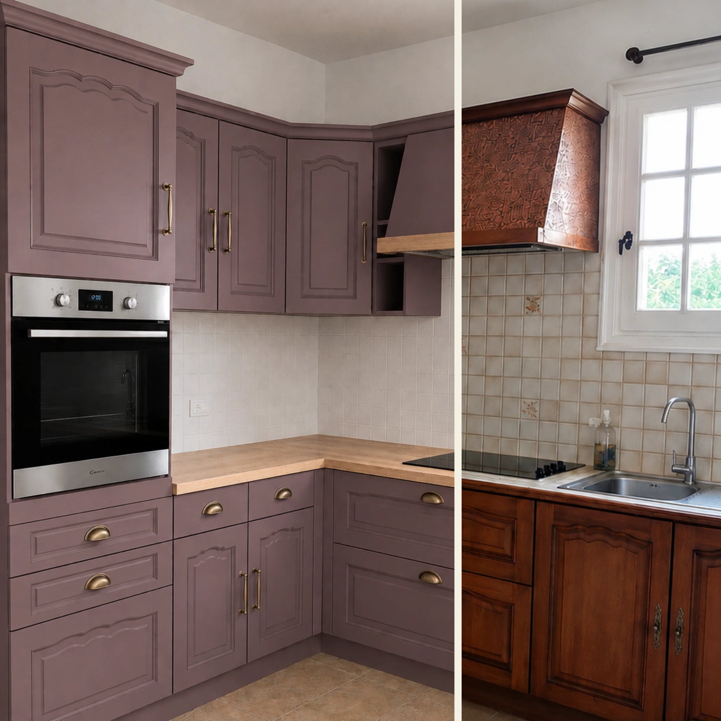 Avant / Après cuisine campagne chic relookée avec la peinture cuisine couleur Figue Éléonore Déco.