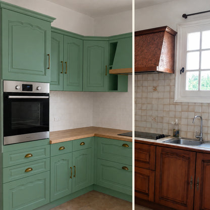 Avant / Après cuisine campagne chic relookée avec la peinture cuisine couleur Fougères Éléonore Déco.