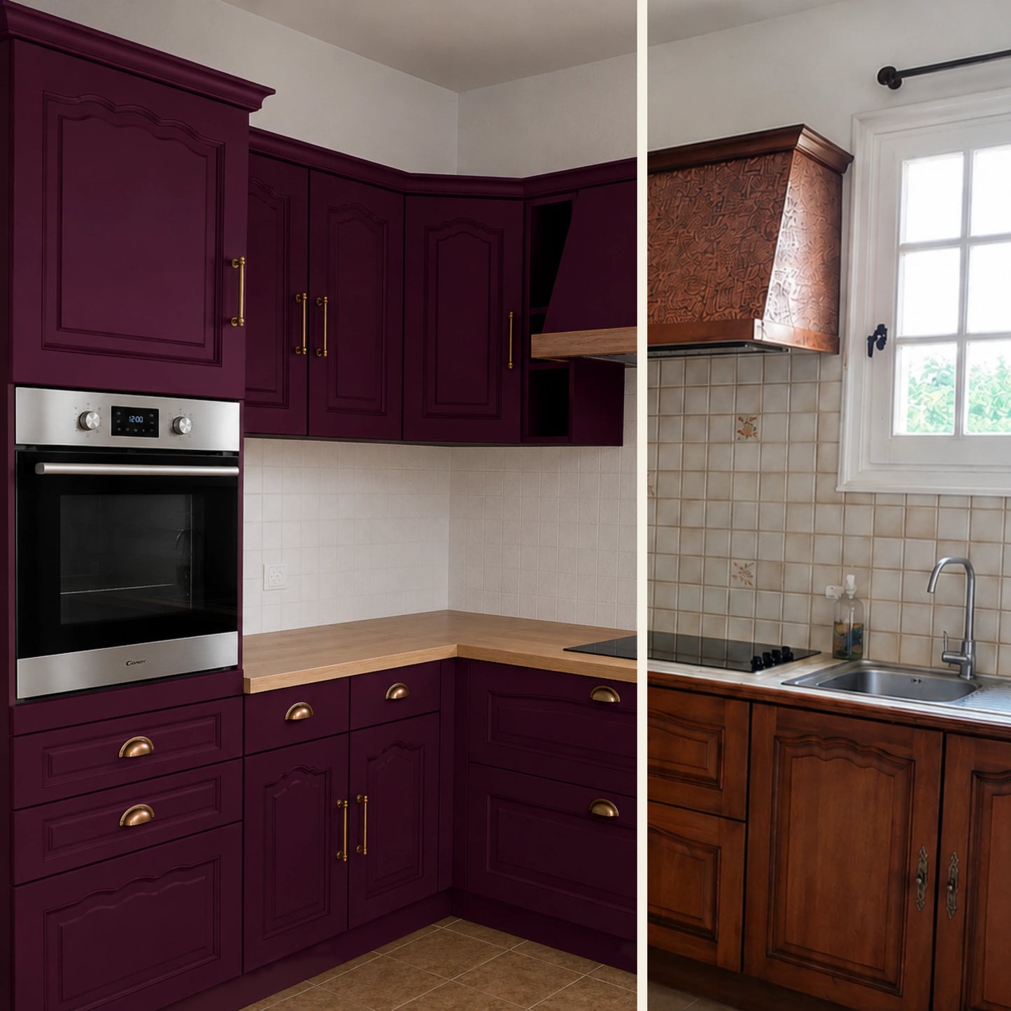 Avant / Après cuisine campagne chic relookée avec la peinture cuisine couleur Goutte de merlot Éléonore Déco.