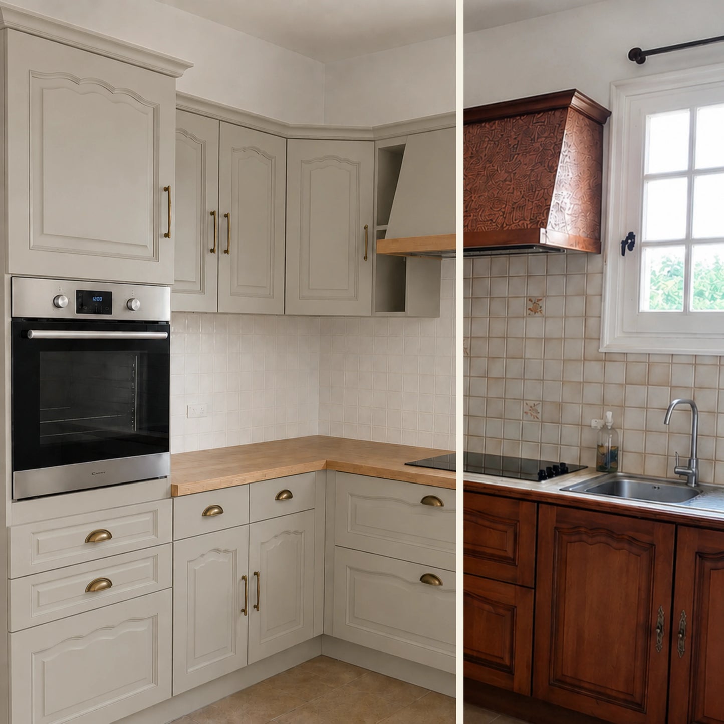 Avant / Après cuisine campagne chic relookée avec la peinture cuisine couleur Gris de suède Éléonore Déco.