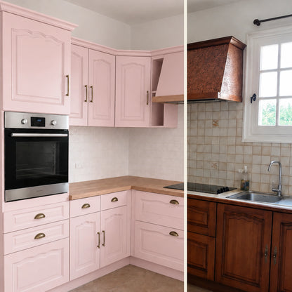 Avant / Après cuisine campagne chic relookée avec la peinture cuisine couleur Guimauve Éléonore Déco.