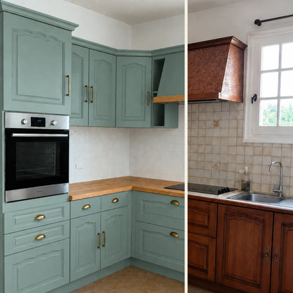 Avant / Après cuisine campagne chic relookée avec la peinture cuisine couleur Impérial Éléonore Déco.