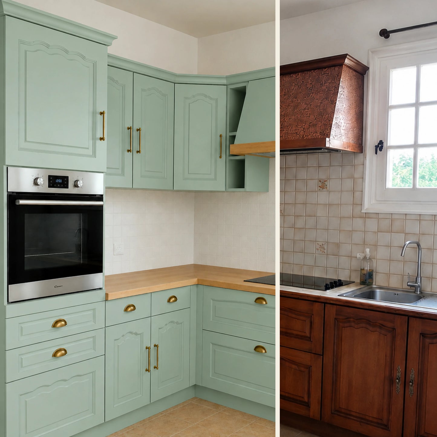 Avant / Après cuisine campagne chic relookée avec la peinture cuisine couleur Jade Éléonore Déco.