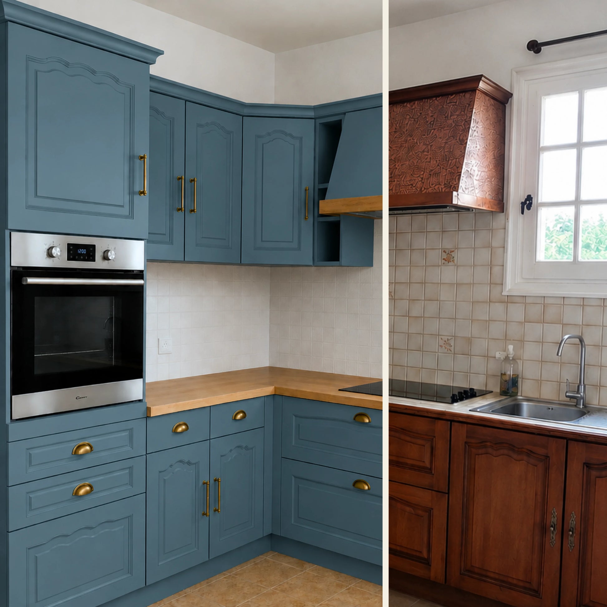 Avant / Après cuisine campagne chic relookée avec la peinture cuisine couleur Jersey Éléonore Déco.