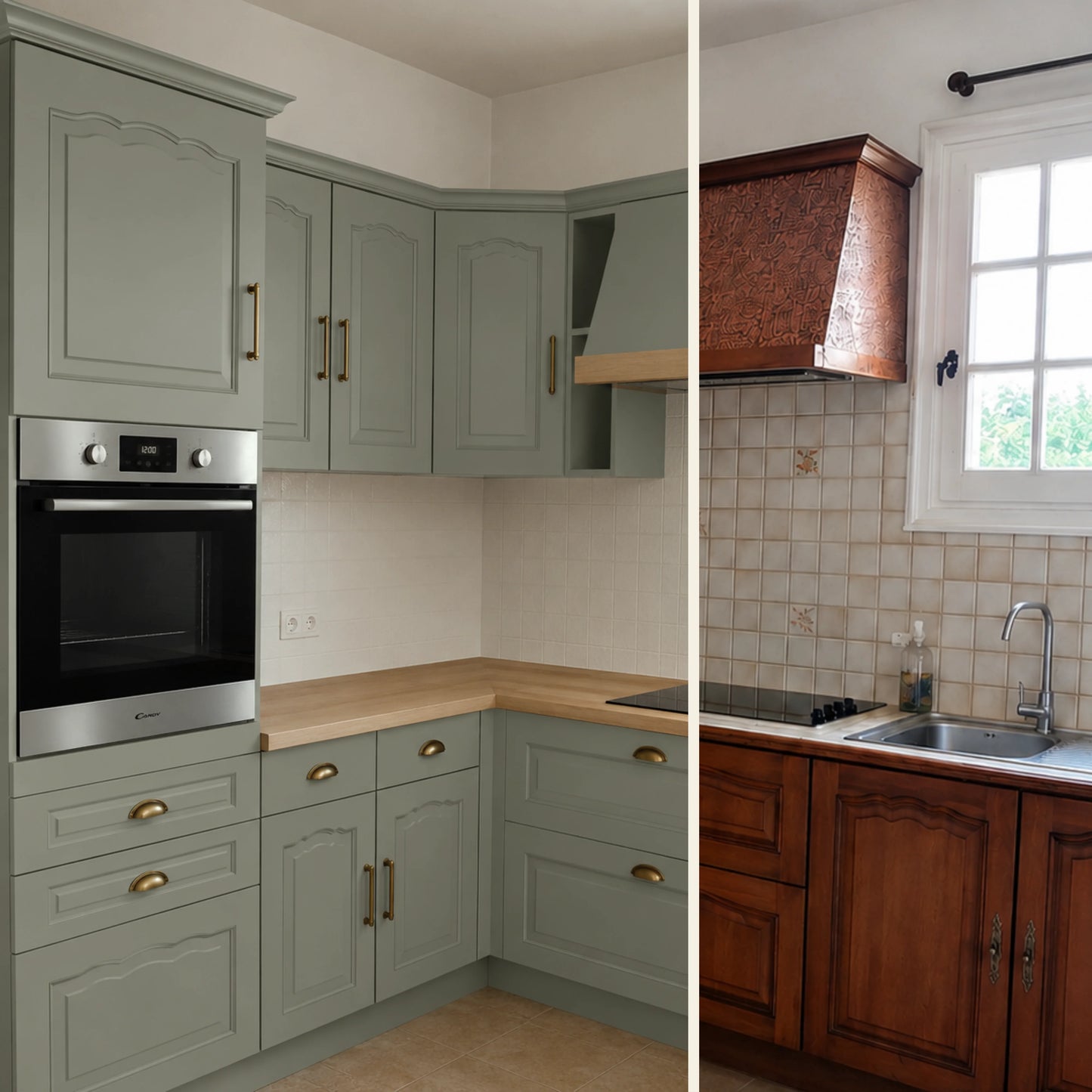 Avant / Après cuisine campagne chic relookée avec la peinture cuisine couleur Lichen Éléonore Déco.