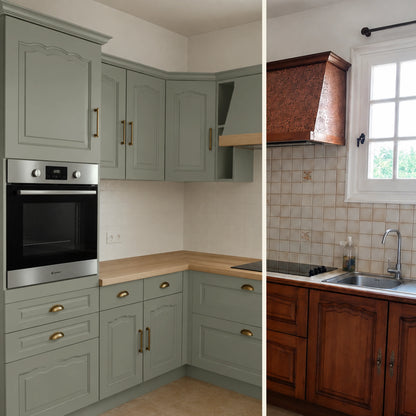 Avant / Après cuisine campagne chic relookée avec la peinture cuisine couleur Lichen Éléonore Déco.