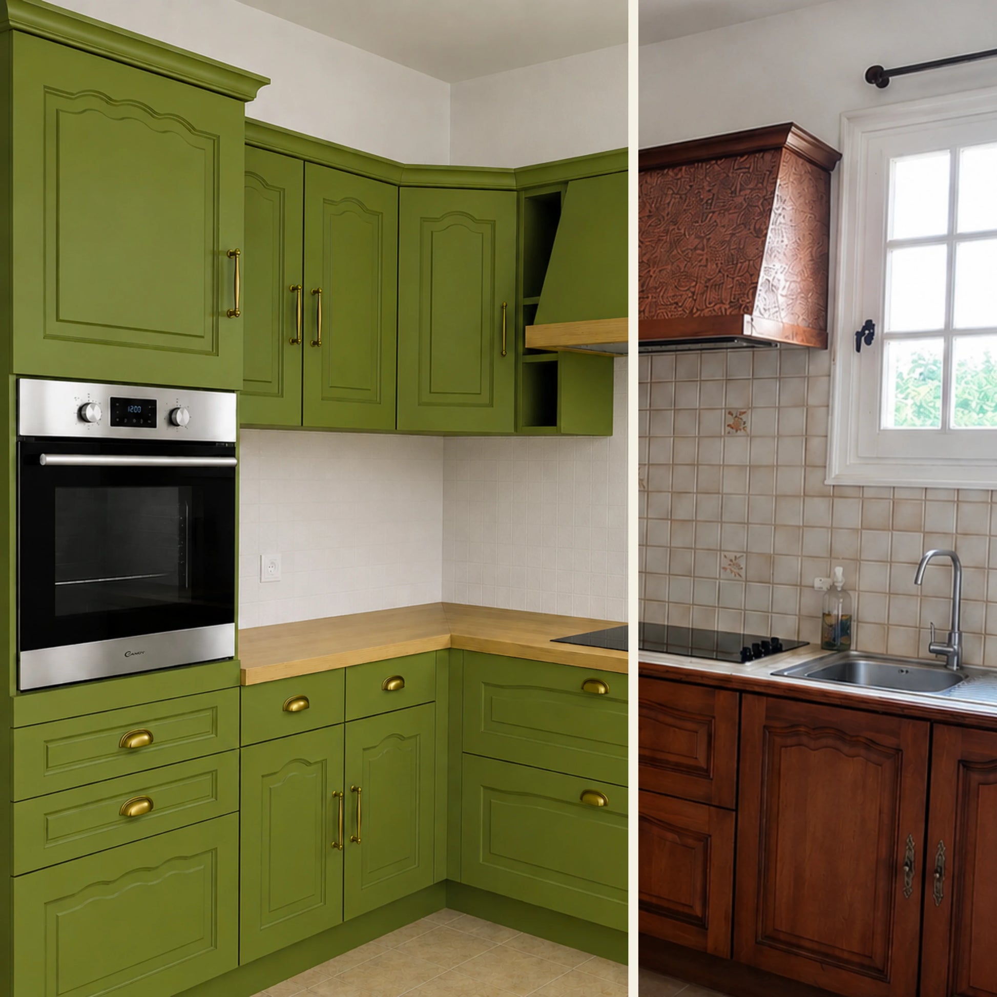 Avant / Après cuisine campagne chic relookée avec la peinture cuisine couleur Matcha latte Éléonore Déco.