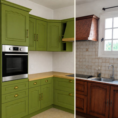 Avant / Après cuisine campagne chic relookée avec la peinture cuisine couleur Matcha latte Éléonore Déco.