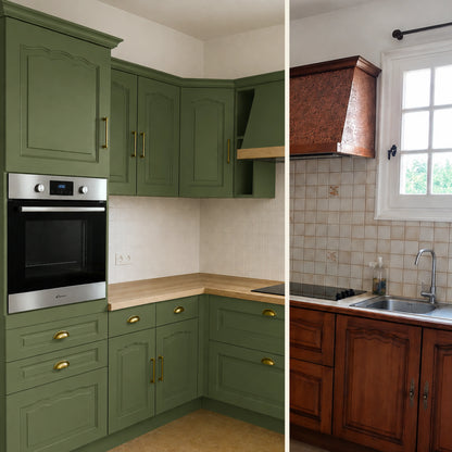 Avant / Après cuisine campagne chic relookée avec la peinture cuisine couleur Mélèze Éléonore Déco.