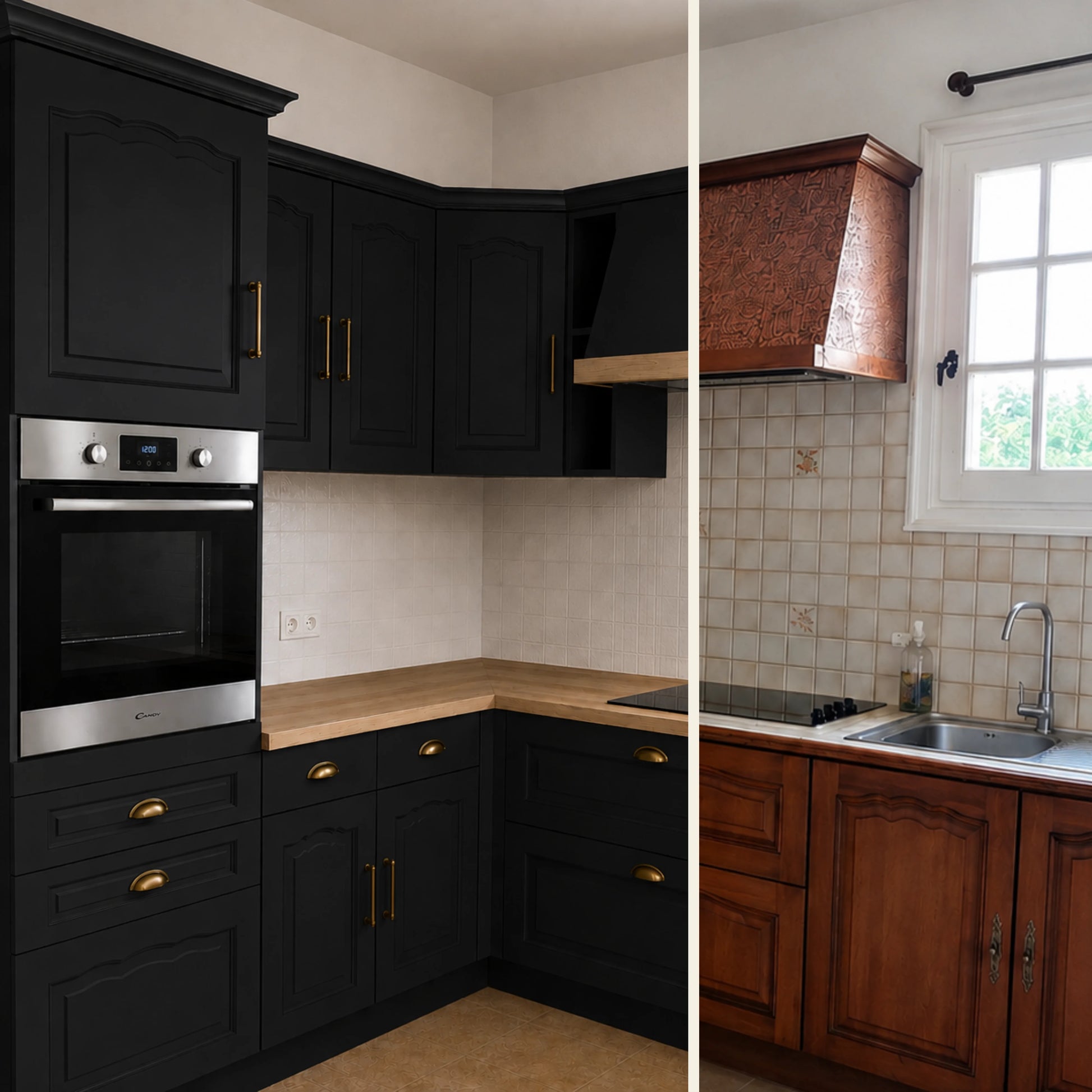 Avant / Après cuisine campagne chic relookée avec la peinture cuisine couleur Noir Éléonore Déco.