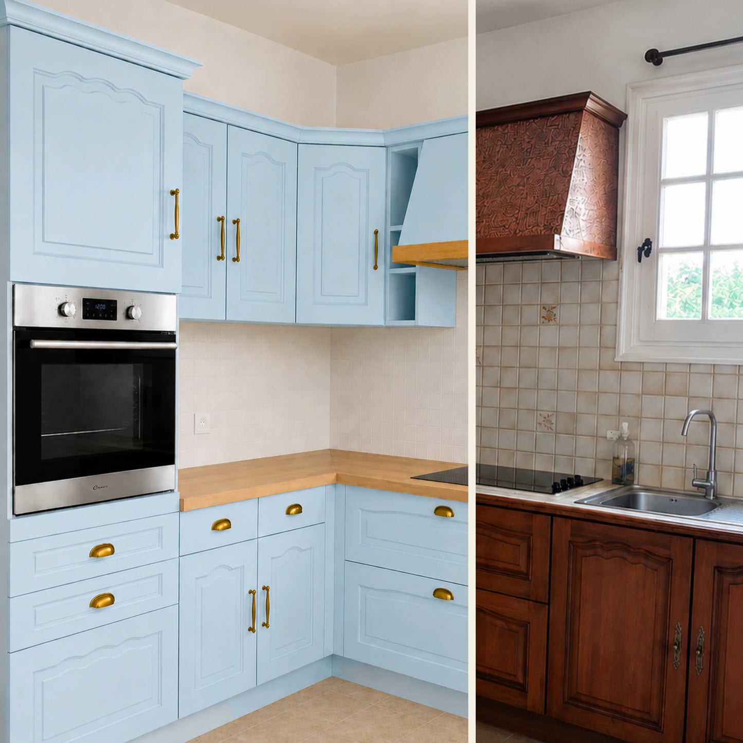 Avant / Après cuisine campagne chic relookée avec la peinture cuisine couleur Ostende Éléonore Déco.