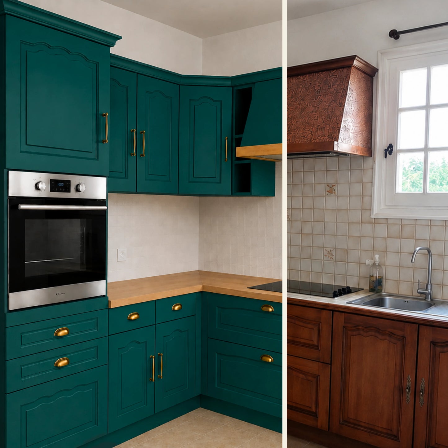 Avant / Après cuisine campagne chic relookée avec la peinture cuisine couleur Pétroléum Éléonore Déco.